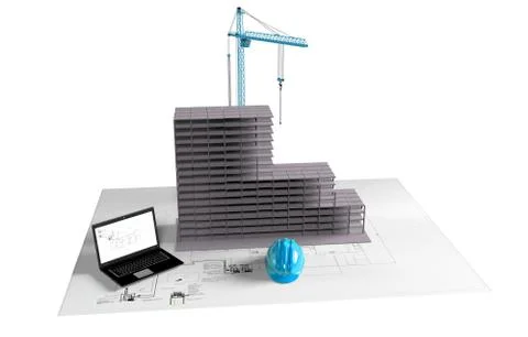 Model house under construction, computer, helmet, 3D visualization 스톡 일러스트