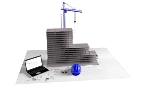 Model house under construction, computer, helmet, 3D visualization Illustrazione stock