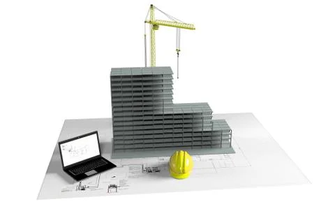Model house under construction, computer, helmet, 3D visualization Stock Illustration