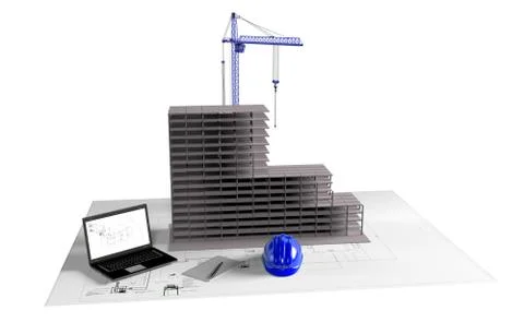 Model house under construction, computer, helmet, 3D visualization Illustrazione stock