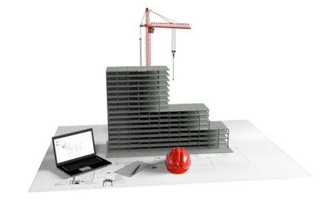 Model house under construction, computer, helmet, 3D visualization 스톡 일러스트