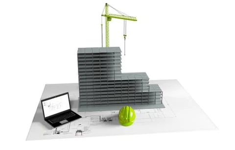 Model house under construction, computer, helmet, 3D visualization Illustrazione stock