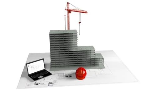 Model house under construction, computer, helmet, 3D visualization Illustrazione stock
