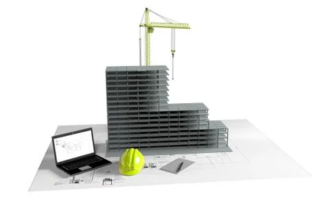 Model house under construction, computer, helmet, 3D visualization Illustrazione stock