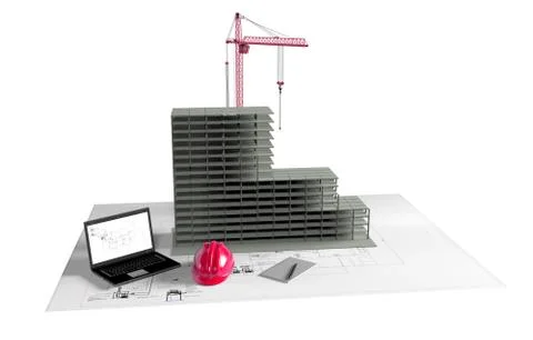 Model house under construction, computer, helmet, 3D visualization Stock Illustration