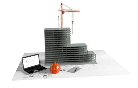 Model house under construction, computer, construction helmet, 3D visualization Illustrazione stock
