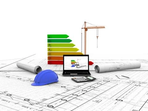 Model house under construction, computer, helmet, 3D visualization Illustrazione stock