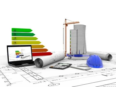 Model house under construction, computer, helmet, 3D visualization Stock Illustration