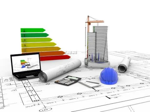 Model house under construction, computer, helmet, 3D visualization Stock-Illustration