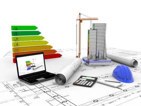 Model house under construction, computer, helmet, 3D visualization Illustrazione stock