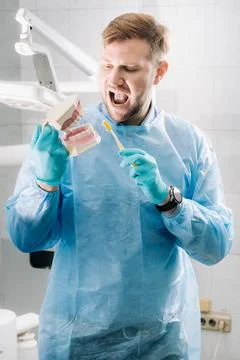 A model of a human jaw with teeth and a toothbrush in the dentist's hand Stock Photos