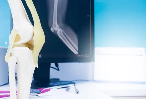 Model of Human knee and leg with stethoscope for medical education and x-ray  Stock Photos