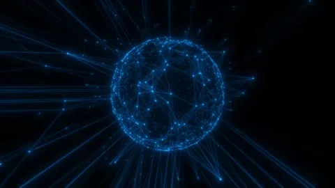 A model of the information world. A blue neon geometric sphere rotates rapidly Stock Footage 247818219