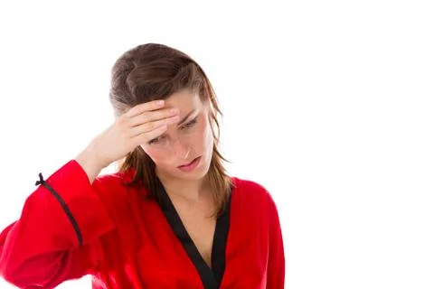 Model isolated on plain background ashamed hiding face in hand Stock Photos