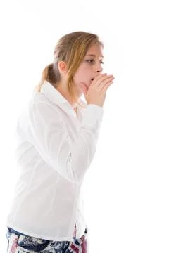 Model isolated on plain background calling shouting Stock Photos