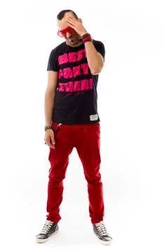 Model isolated on plain background confused headache Stock Photos