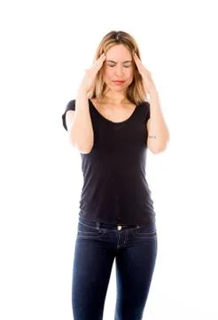 Model isolated on plain background confused headache Stock Photos
