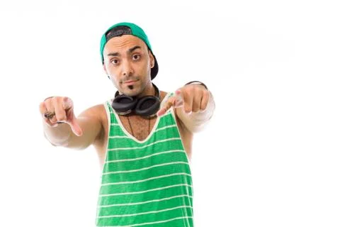 Model isolated on plain background fingers pointing to camera Stock Photos