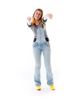 Model isolated on plain background fingers pointing to camera Stock Photos