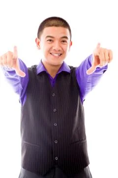 Model isolated on plain background fingers pointing to camera Stock Photos