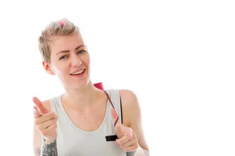 Model isolated on plain background fingers pointing to camera Stock Photos