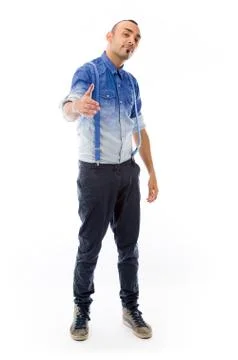 Model isolated on plain background greetings hand shake Stock Photos
