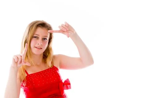 Model isolated on plain background hand gesture framing focusing Stock Photos