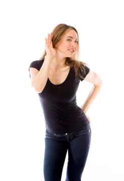 Model isolated on plain background listening paying attention Stock Photos