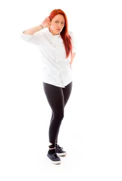 Model isolated on plain background listening paying attention Stock Photos