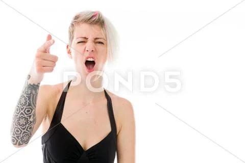 Model isolated on plain background nagging scolding with finger Stock ...