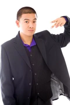 Model isolated on plain background pointing to herself Stock Photos