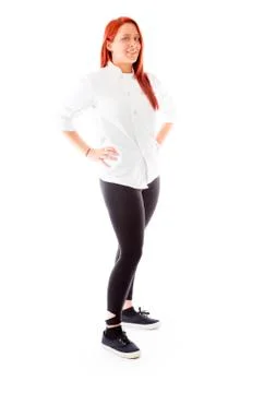 Model isolated on plain background pround confident hands on hip Stock Photos