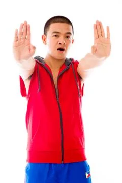 Model isolated on plain background stop sign with hands Stock Photos