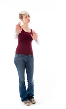 Model isolated on plain background stop sign with hands Stock Photos