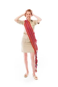 Model isolated on plain background stressed upset pulling hairs Stock Photos