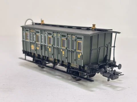 Model of K.Bay.Sts.B Era 1 3rd class compartment and postal Coach Stock Photos