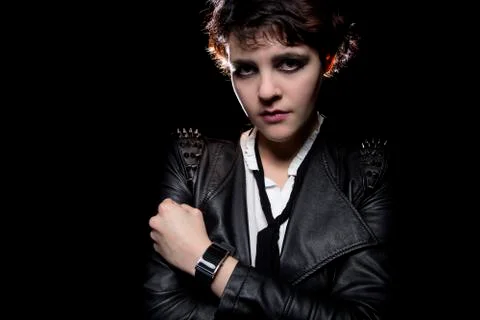 Model with Leather Jacket and Smartwatch Stock Photos