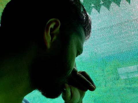 Model looking actor outside through green net. Stock Photos