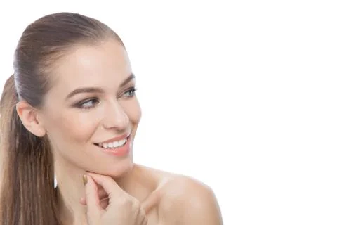 Model looking on her left with copyspace on white background Stock Photos