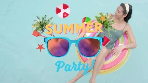 Model lounging on float, moving legs causing float motion while promo SUMMER 動画素材 334112751