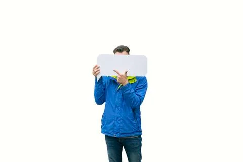 Model man hiding face behind blank white sheet and points finger to signboard Stock Photos