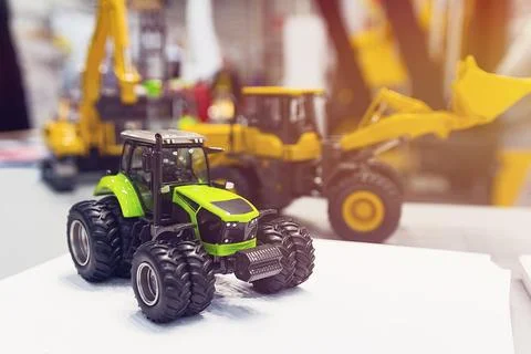 Model modern tractors standing on display at exhibition Foto stock