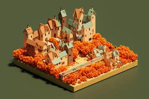 Model of multiple storied isometric buildings in autumn park in daylight. 3.. Ilustración de archivo