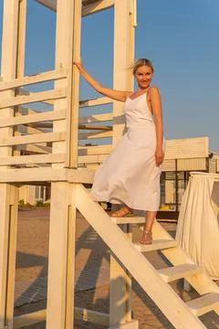 Model paradise tower life lifeguard sunrise beach ocean rescue sand, from summer Stock Photos