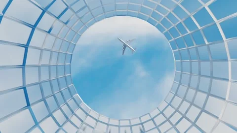 Model of passenger plane flying over round high-rise building against blue sky b Stock Footage 311720854