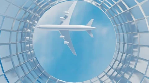 Model of passenger plane flying over round high-rise building against blue sky b Stock-Footage 311720862