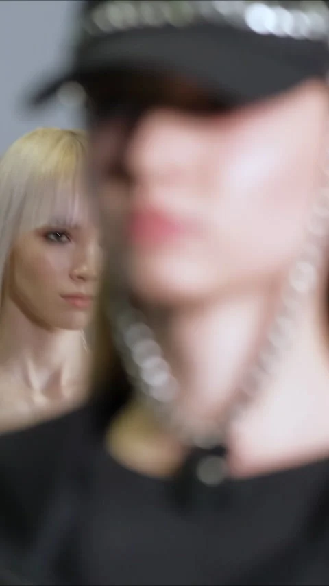 Model people moving in line on classy fashion week stage show. Female catwalk. Video stock 347356422