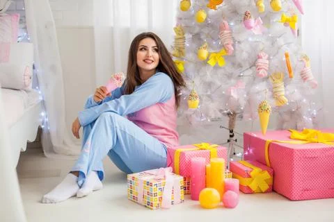 Model in pink pyjamas Stock Photos