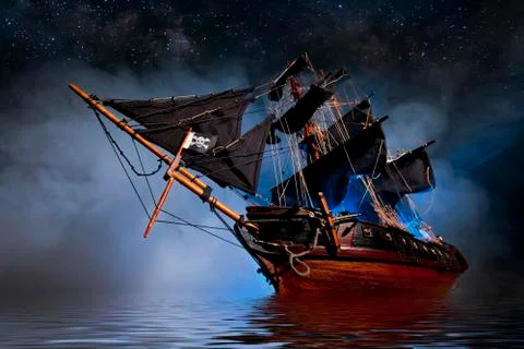 Model Pirate Ship with fog and water Stock Photos