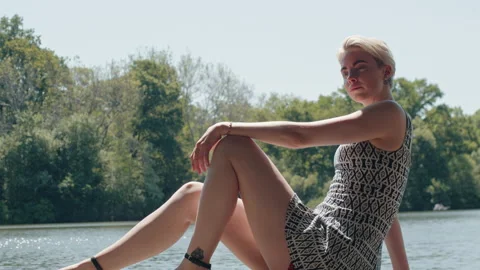 Model Posing to Camera in Central Park Pond, NYC Stock Footage 154391782